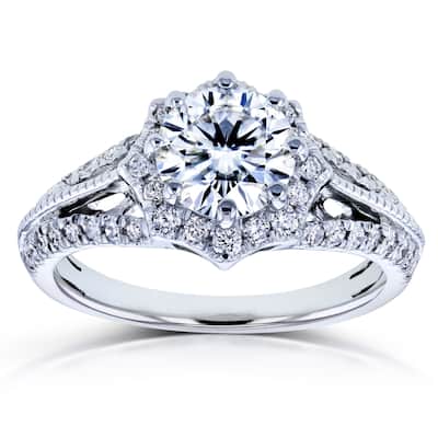 Annello by Kobelli 14k White Gold Forever One DEF Moissanite and 1/3ct TDW Diamond Star Halo Ring (H-I, I1-I2)