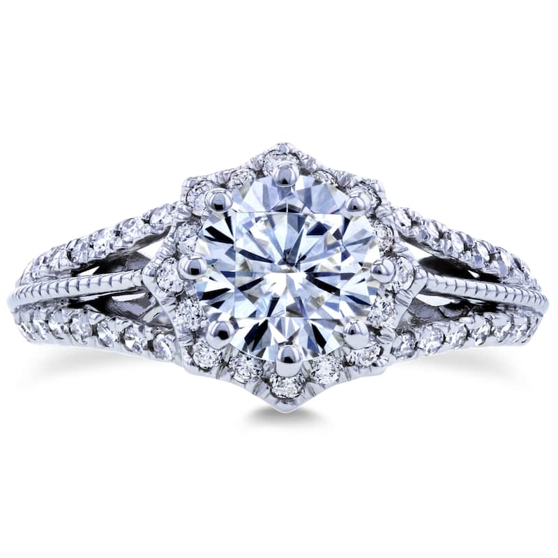 Annello by Kobelli 14k White Gold Forever One DEF Moissanite and 1/3ct TDW Diamond Star Halo Ring (H-I, I1-I2)