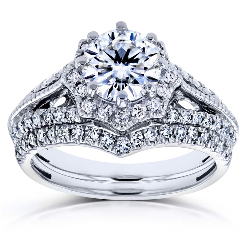 Annello by Kobelli 14k White Gold 1 1/2ct TCW Forever One DEF Moissanite and Diamond Star Halo 2-Ring Bridal Set (H-I, I1-I2)