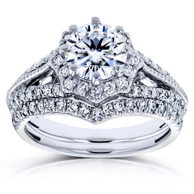 Annello by Kobelli 14k White Gold 1 1/2ct TCW Forever One DEF Moissanite and Diamond Star Halo 2-Ring Bridal Set (H-I, I1-I2)