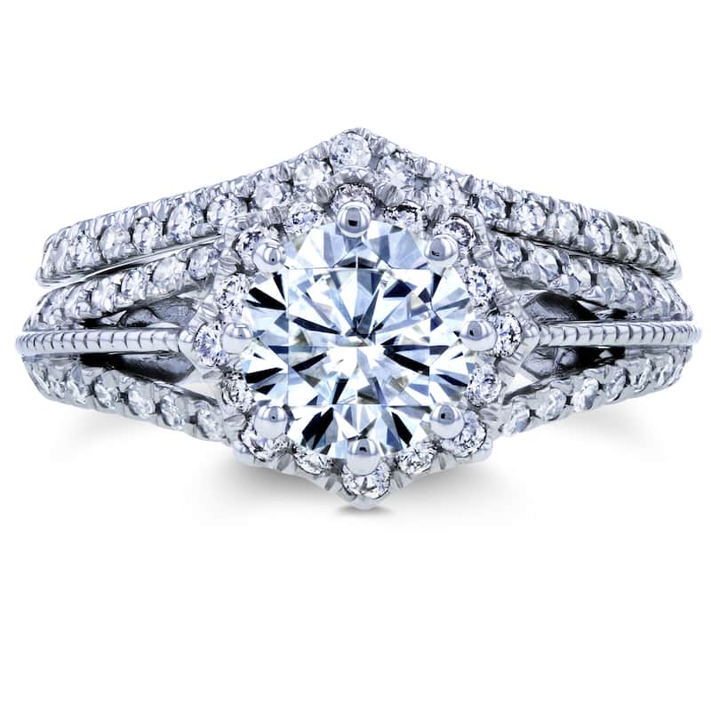 Annello by Kobelli 14k White Gold 1 1/2ct TCW Forever One DEF Moissanite and Diamond Star Halo 2-Ring Bridal Set (H-I, I1-I2)