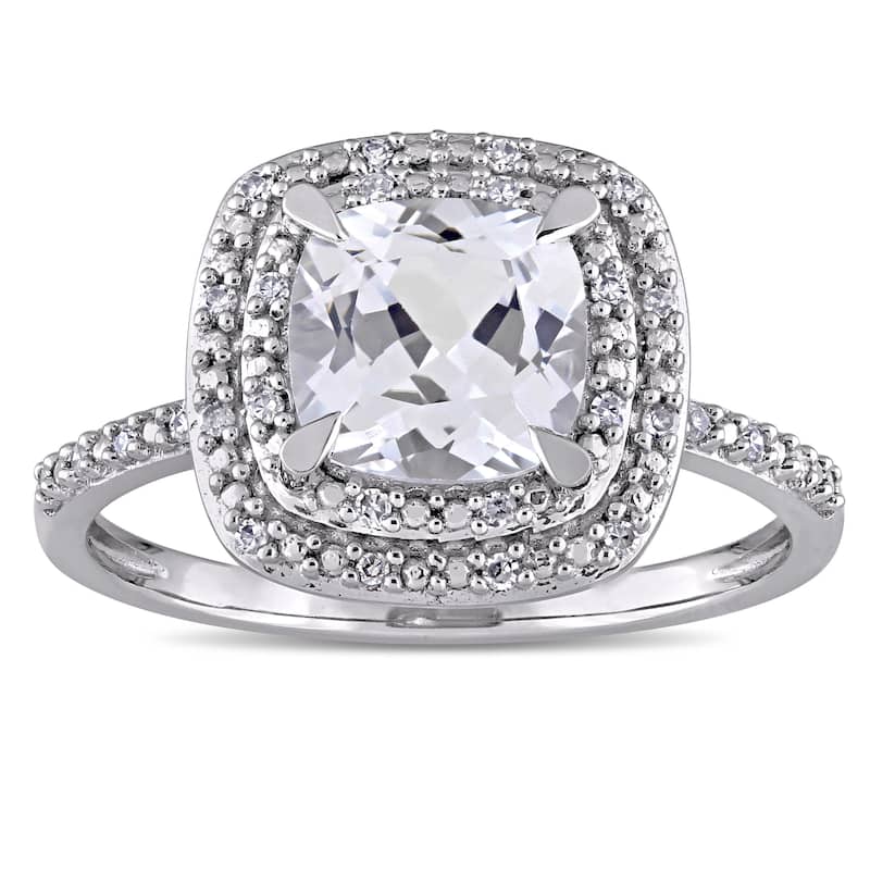 Miadora 10k White Gold Cushion-cut Created White Sapphire and 1/10ct TDW Diamond Double Square Halo Engagement Ring