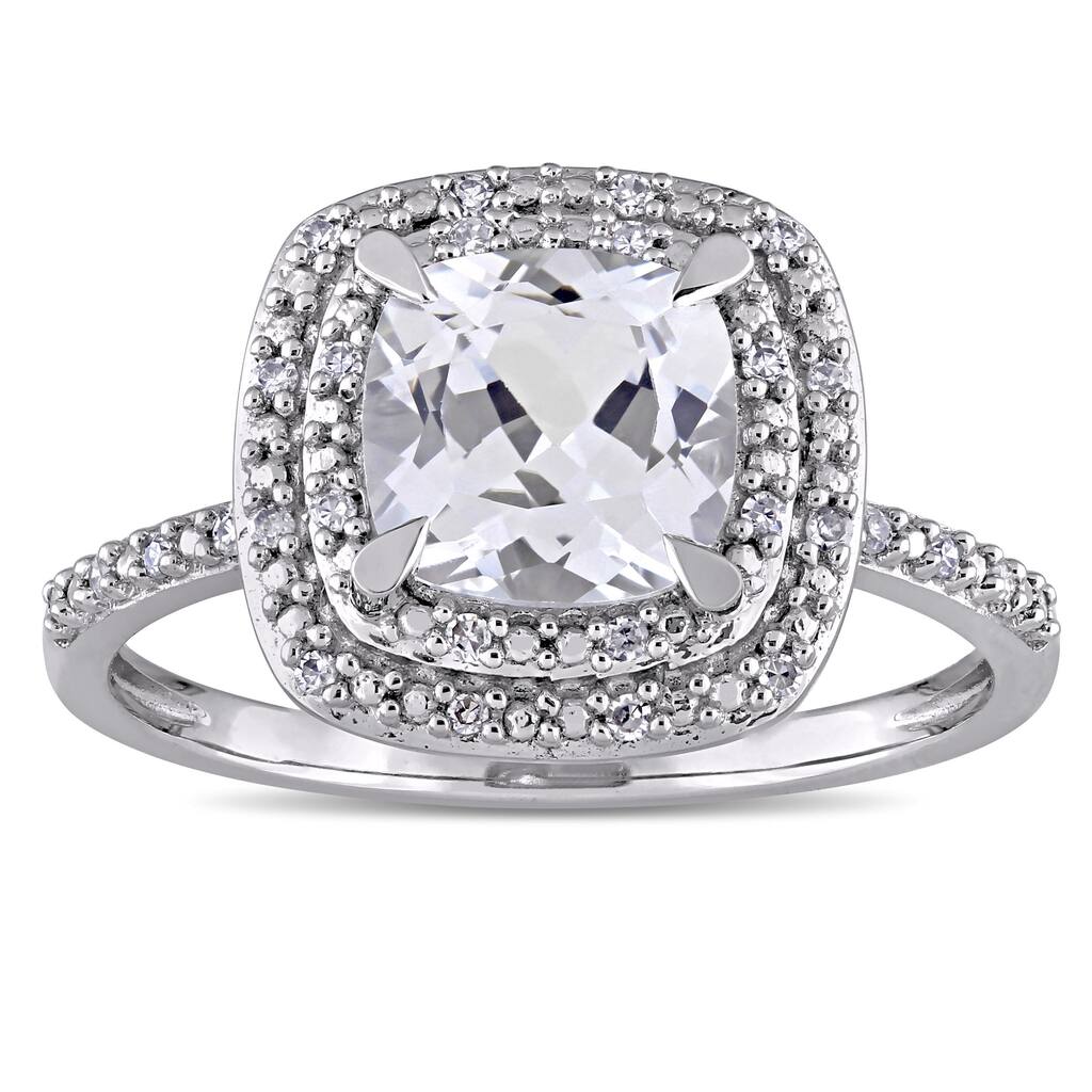 Miadora 10k White Gold Cushion-cut Created White Sapphire and 1/10ct TDW Diamond Double Square Halo Engagement Ring