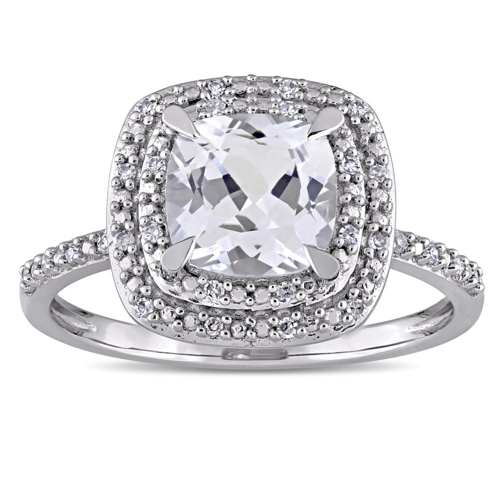 Miadora 10k White Gold Cushion-cut Created White Sapphire and 1/10ct TDW Diamond Double Square Halo Engagement Ring