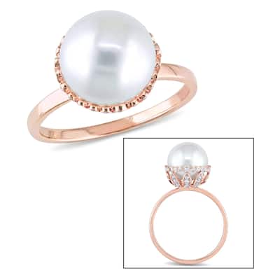 Miadora 14k Rose Gold White Cultured Freshwater Pearl and 1/4ct TDW Diamond Halo Ring (9.5-10 mm) (G