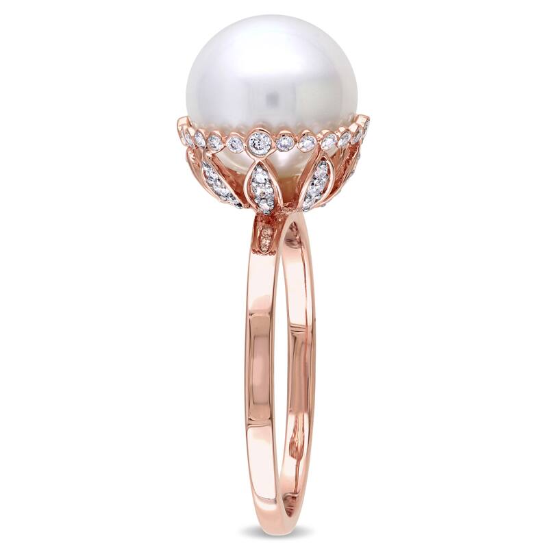 Miadora 14k Rose Gold White Cultured Freshwater Pearl and 1/4ct TDW Diamond Halo Ring (9.5-10 mm) (G