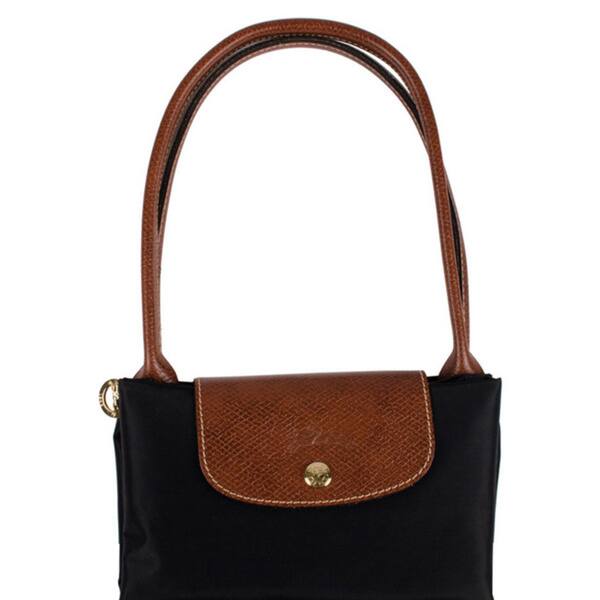 Shop Longchamp Le Pliage Medium Black Nylon And Leather Tote