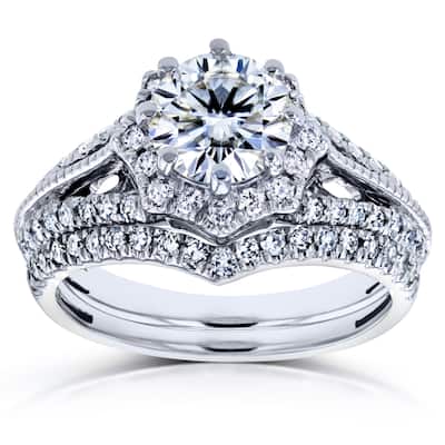 Annello by Kobelli 14k White Gold 1 1/2ct TGW Moissanite and Diamond Star Halo 2-Ring Bridal Set (H-I, I1-I2)