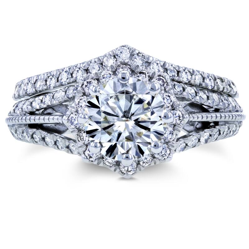 Annello by Kobelli 14k White Gold 1 1/2ct TGW Moissanite and Diamond Star Halo 2-Ring Bridal Set (H-I, I1-I2)