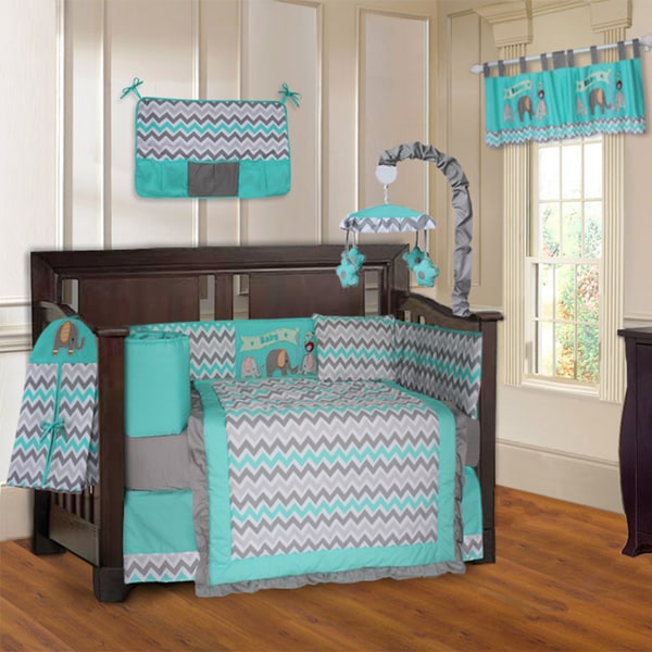 Shop BabyFad Elephant Zig-Zag Turquoise and Grey 10-Piece Baby Crib ...