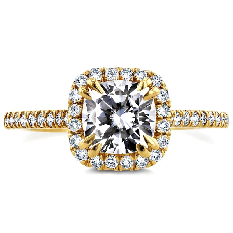 Annello by Kobelli 14k Yellow Gold 1 2/5ct TGW Forever One Moissanite and Diamond Halo Cathedral Engagement Ring