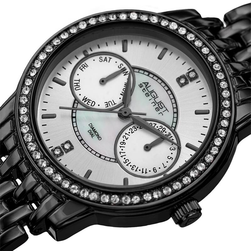 August Steiner Women's Quartz Multifunction Diamond Black Bracelet Watch