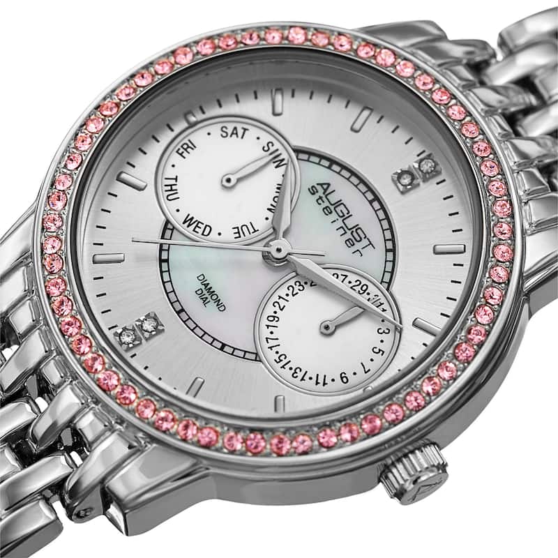 August Steiner Women's Quartz Multifunction Diamond Silver-Tone Bracelet Watch