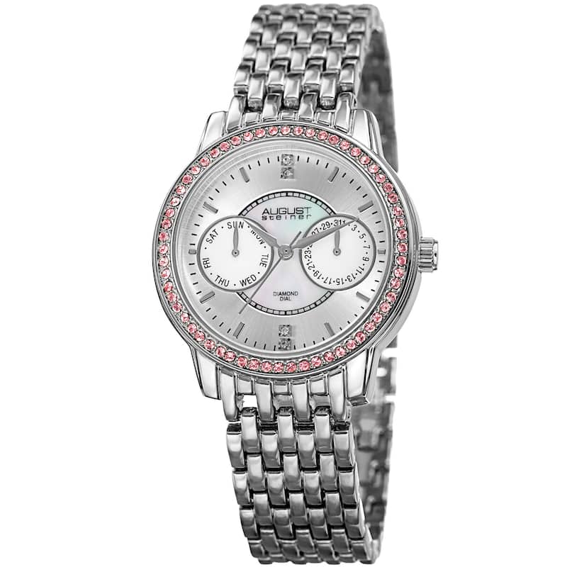 August Steiner Women's Quartz Multifunction Diamond Silver-Tone Bracelet Watch