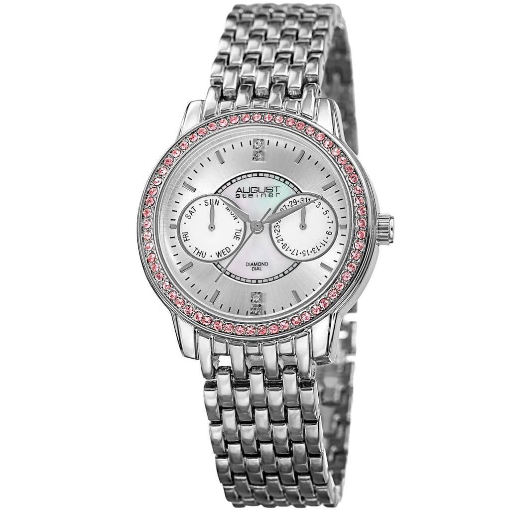 August Steiner Women's Quartz Multifunction Diamond Silver-Tone Bracelet Watch