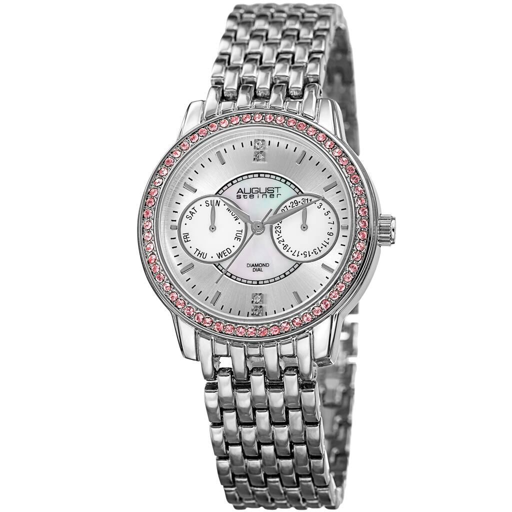 August Steiner Women's Quartz Multifunction Diamond Silver-Tone Bracelet Watch