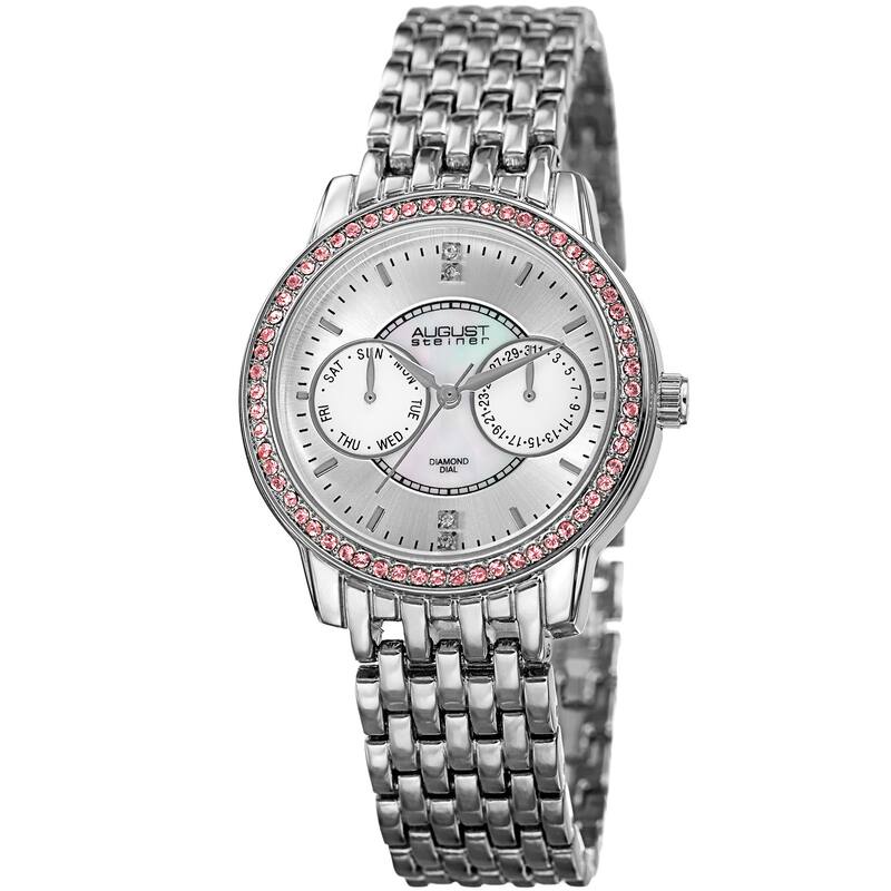 August Steiner Women's Quartz Multifunction Diamond Silver-Tone Bracelet Watch