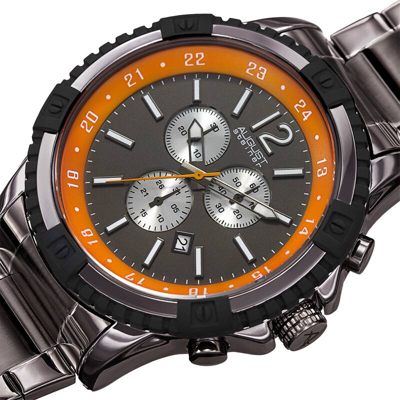 August Steiner Men's Chronograph Multifunction Rustic Gun/Orange Bracelet Watch