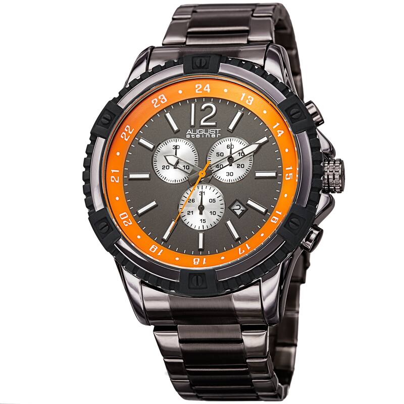 August Steiner Men's Chronograph Multifunction Rustic Gun/Orange Bracelet Watch