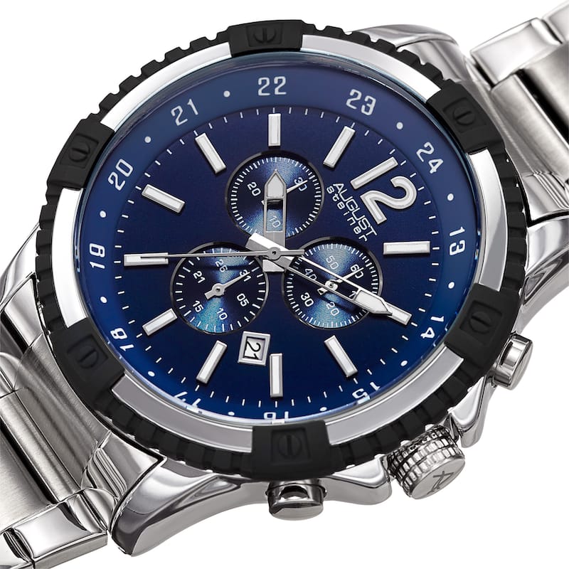 August Steiner Men's Chronograph Multifunction Rustic Silver-Tone/Blue Bracelet Watch