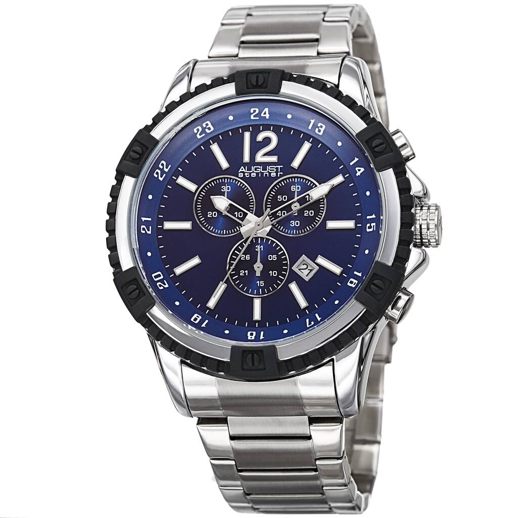 August Steiner Men's Chronograph Multifunction Rustic Silver-Tone/Blue Bracelet Watch