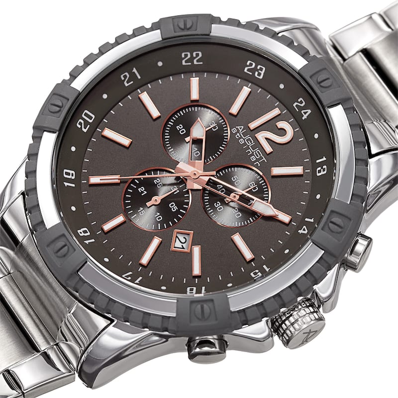 August Steiner Men's Chronograph Multifunction Rustic Silver & Rose-Tone Bracelet Watch