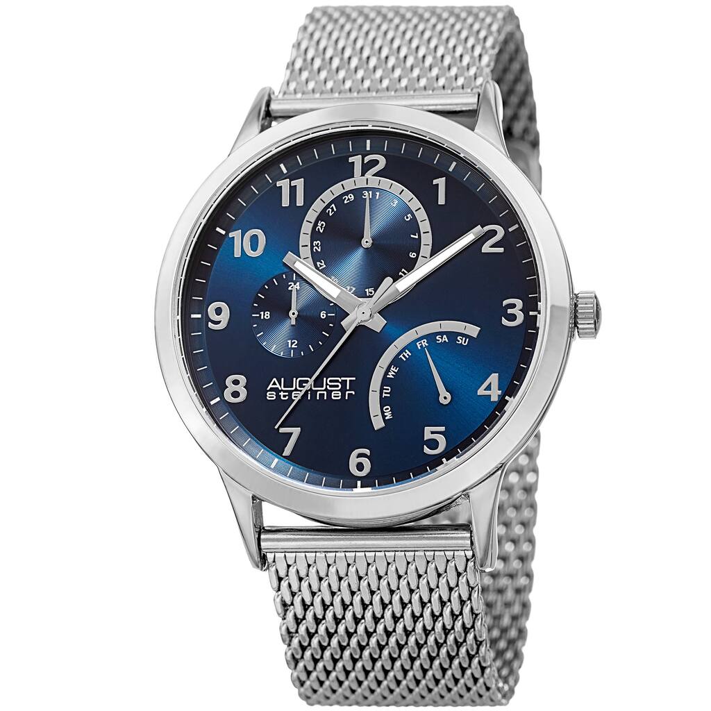 August Steiner Men's Sporty Retrograde Multifunction Mesh Silver-Tone/Blue Bracelet Watch