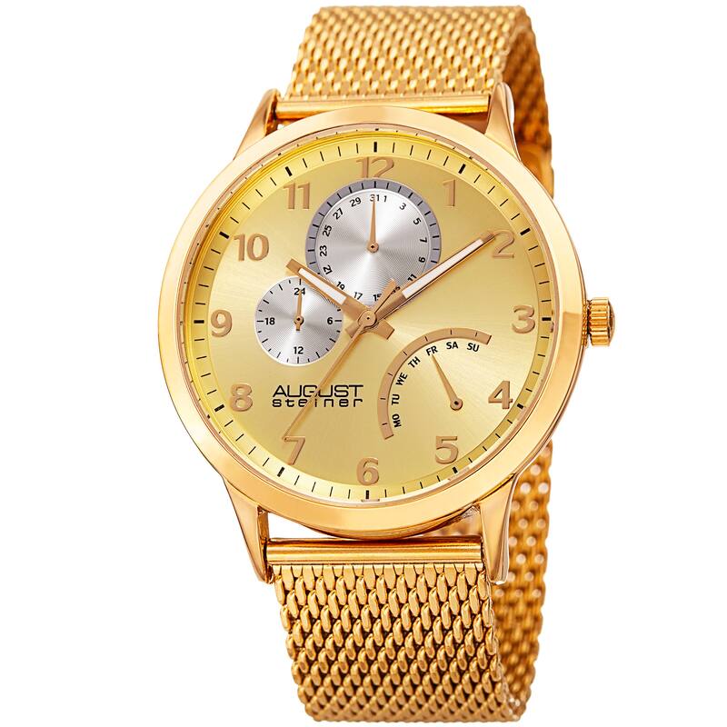 August Steiner Men's Sporty Retrograde Multifunction Mesh Gold-Tone Bracelet Watch