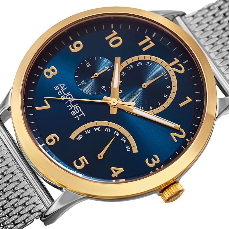 August Steiner Men's Sporty Retrograde Multifunction Mesh Gold-Tone/Blue Bracelet Watch