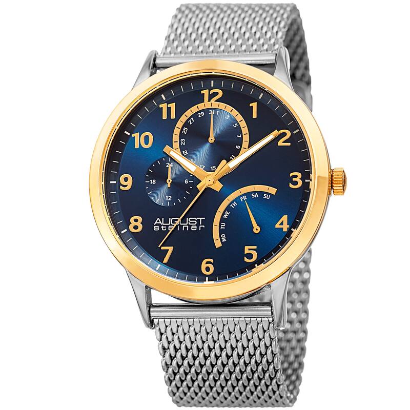 August Steiner Men's Sporty Retrograde Multifunction Mesh Gold-Tone/Blue Bracelet Watch