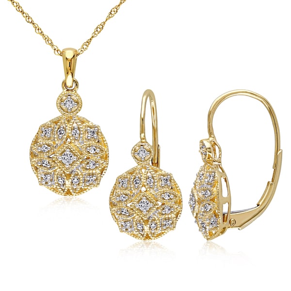 Miadora Signature Collection 14k Yellow Gold 1/3ct TDW Diamond Vintage Necklace and Leverback Earrings Set (G-H, I1-I2) - White. Opens flyout.