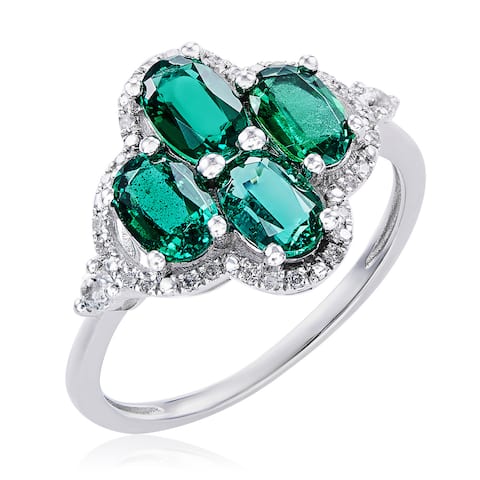 10k White Gold Emerald, White Topaz, and Diamond Accent Ring - Green