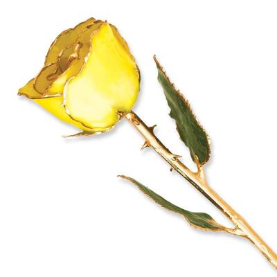Lacquered Dipped 24K Yellow Gold-Plated Trimmed Green Leaf with Yellow Rose
