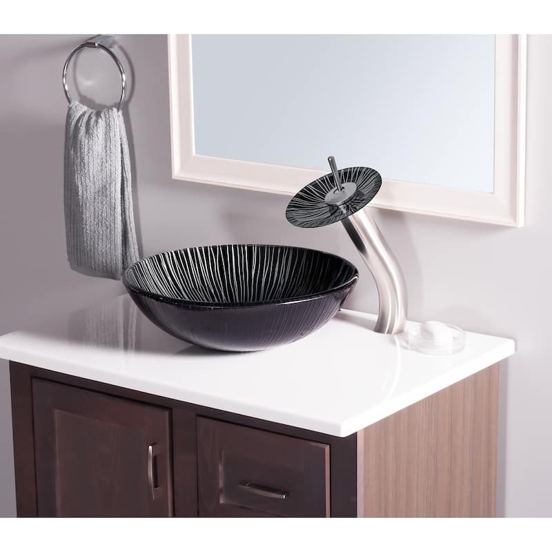 Novatto GODERE Glass Vessel Bathroom Sink Set, Brushed Nickel