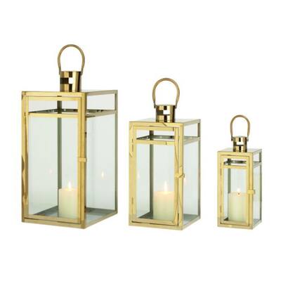 Benzara Gold-tone Stainless Steel/Glass Lantern (Set of 3)