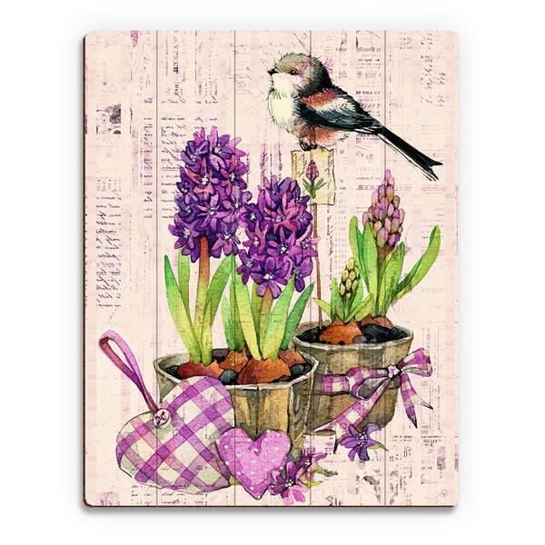 'Bird and Garden Flowers on Violet' Wood Wall Art Bed Bath & Beyond 14214403