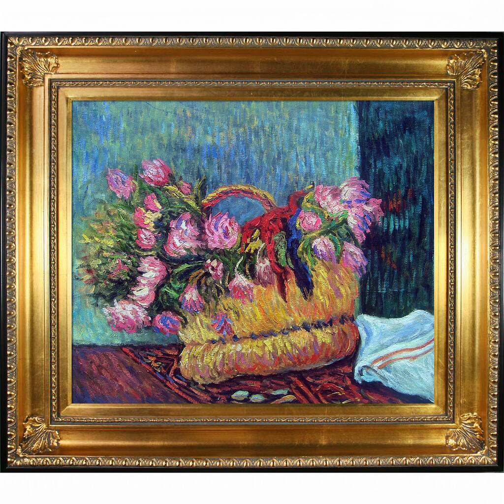La Pastiche Paul Gauguin 'Basket of Flowers, 1884' Hand Painted Framed Oil Reproduction on Canvas