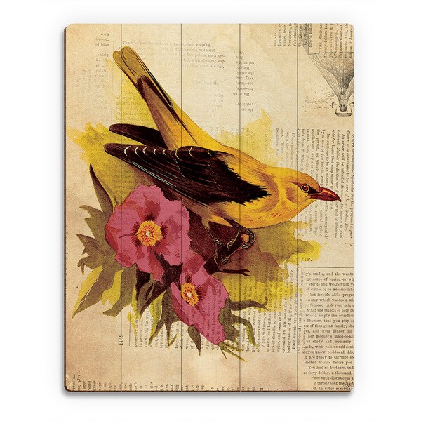 Goldfinch With Fuchsia Flowers' Multicolored Wood Wall Art