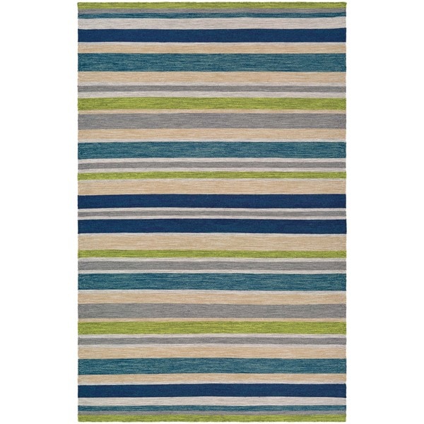 Hand Woven Villa Stripes Teal Blue Multi Indoor Outdoor Area Rug 8 X 10