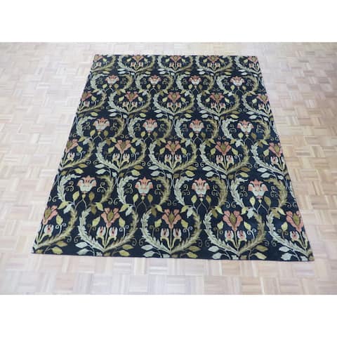 Hand Knotted Black Oushak with Wool Oriental Rug - 7'11 x 9'7