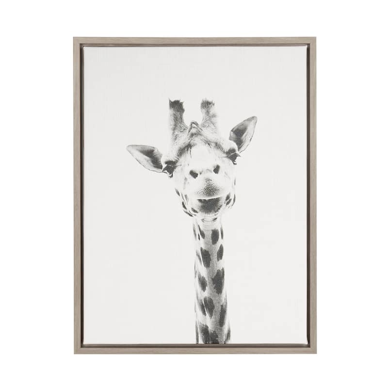 Kate and Laurel Sylvie Giraffe Animal Print Black and White Portrait Framed Canvas Wall Art by Simon Te Tai, 18x24 Gray