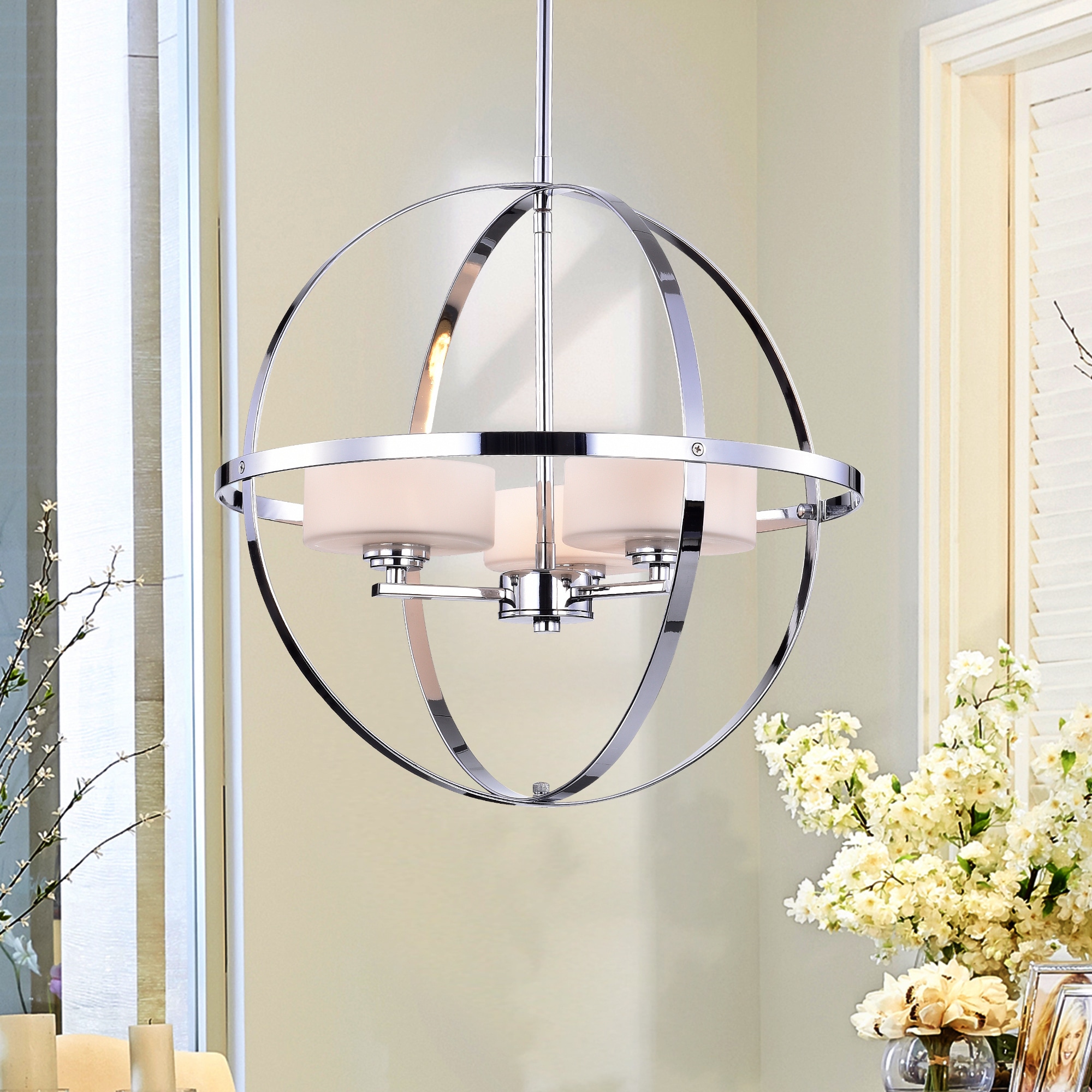 Warehouse of Tiffany Zenta Chrome 16-inch 3-light Round Cage Pendant with Frosted Glass Shades