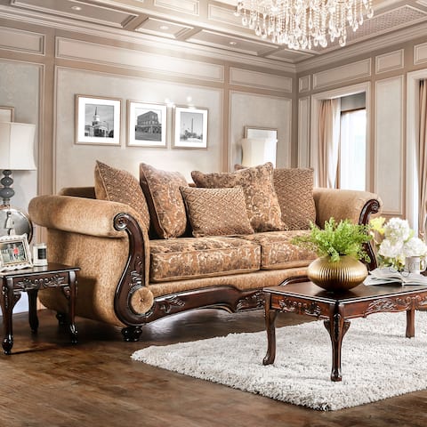 Furniture of America Traditional Tan Chenille Wood Trim Sofa