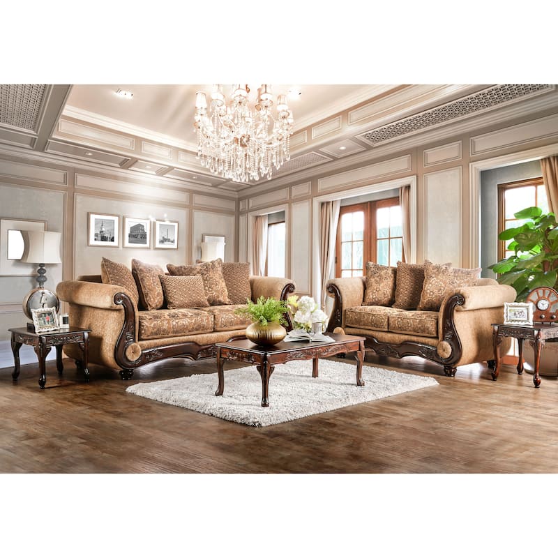 Traditional Tan Chenille Upholstered Rolled Arms Sofa by Furniture of America