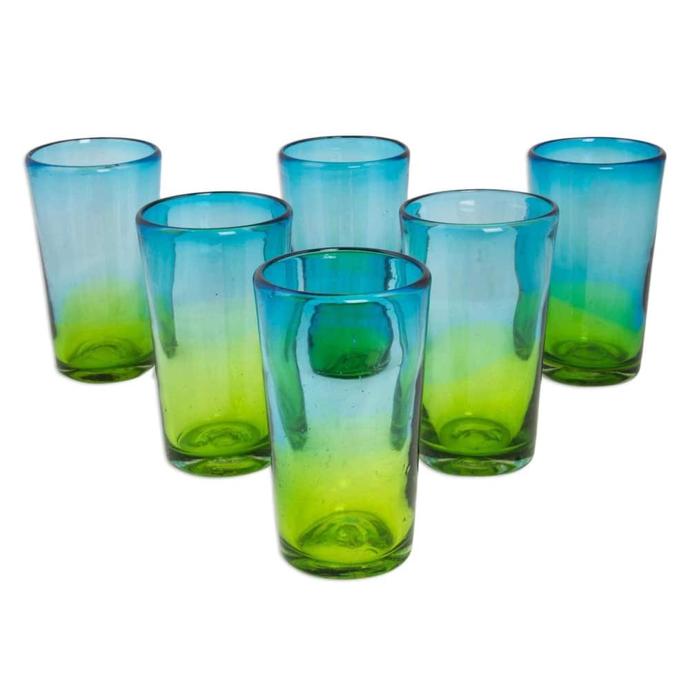 NOVICA Artisan Handblown Glass Highball Blue Green Mexican Water Tableware 'Aurora Tapatia'(Set Of 6) - 6*3.5