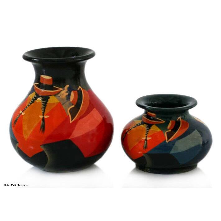 Handmade Pair of Ceramic Vases Rest Time (Peru)