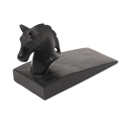 NOVICA Handmade Wood Door Stopper, Handy Horse In Black (Indonesia) - 3.3" H x 5" W x 2.4" D