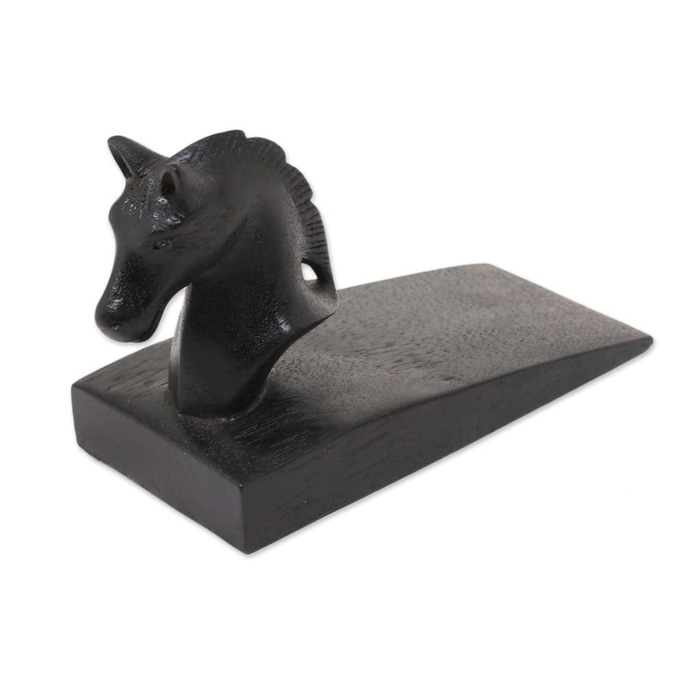 NOVICA Handmade Wood Door Stopper, Handy Horse In Black (Indonesia) - 3.3" H x 5" W x 2.4" D