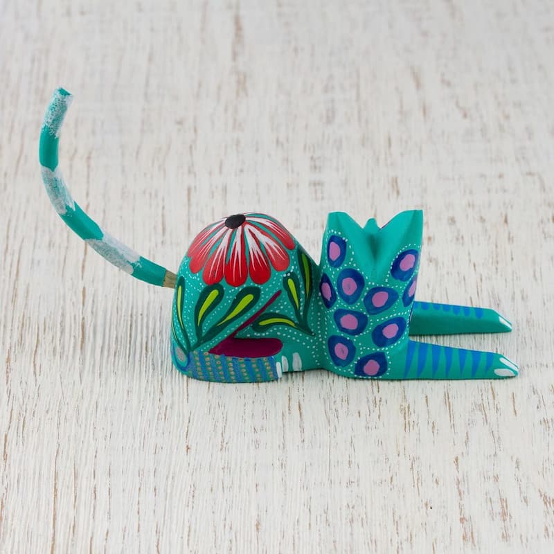 NOVICA Handmade Excited Cat In Teal Wood Sculpture (Mexico) - 3.9" H x 4.3" W x 1.4" D