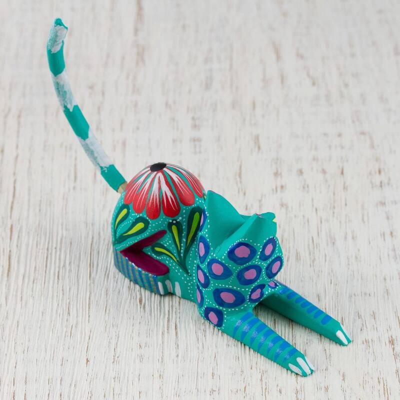NOVICA Handmade Excited Cat In Teal Wood Sculpture (Mexico) - 3.9" H x 4.3" W x 1.4" D